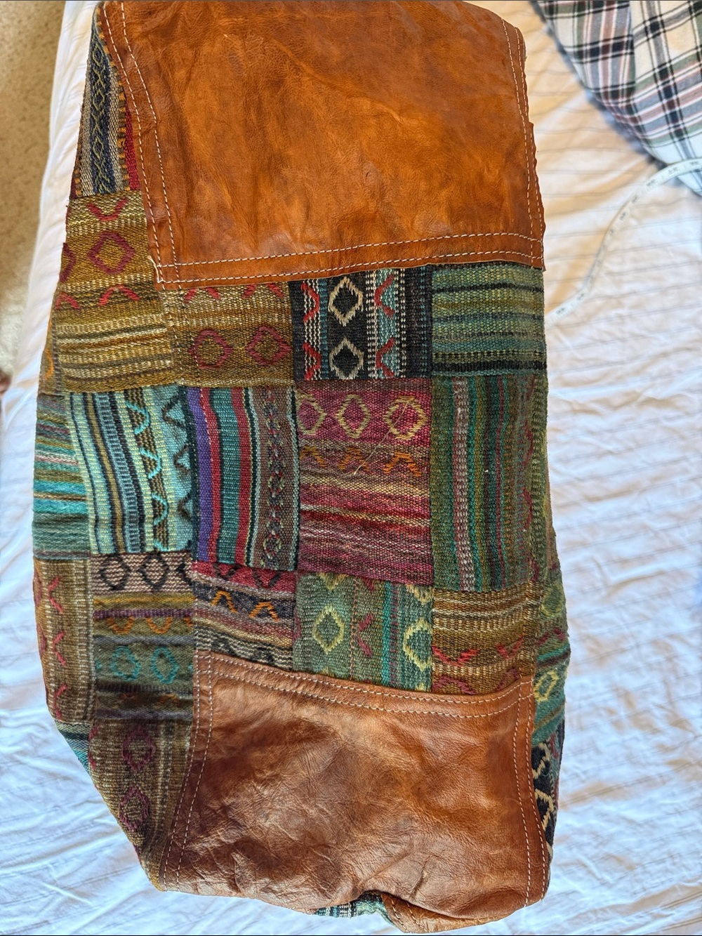 Patchwork Multicolor Woven Tote with Brown Leather Trim - Picture 7 of 9